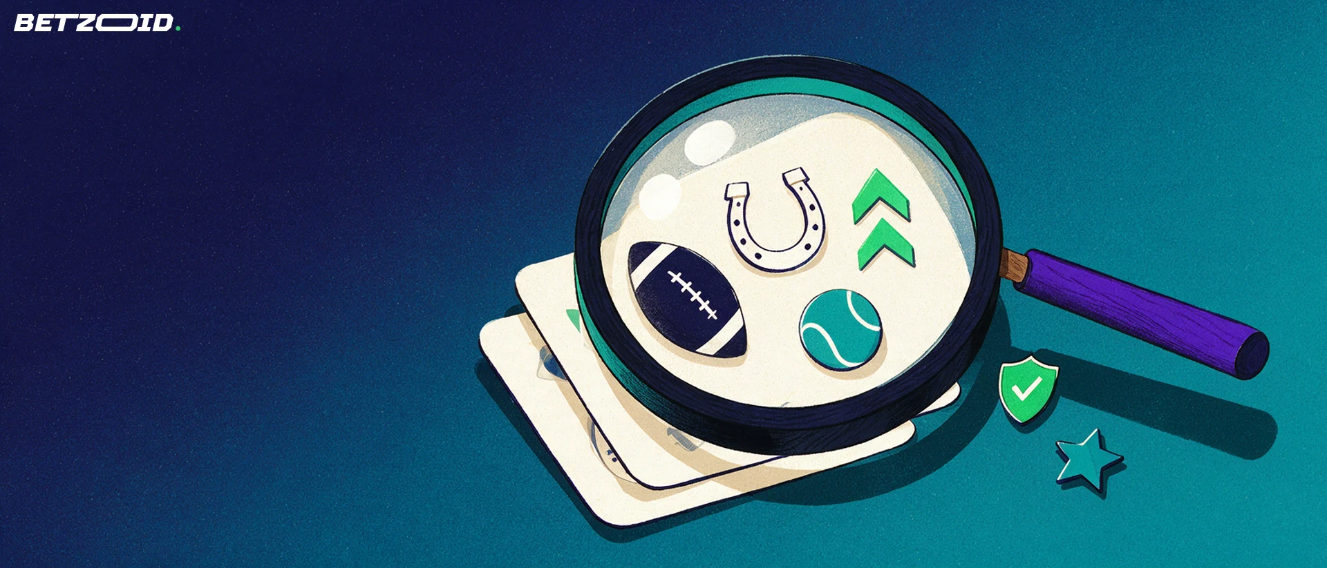 Illustration of a magnifying glass inspecting a stack of betting slips showing football, horseshoe and tennis symbols