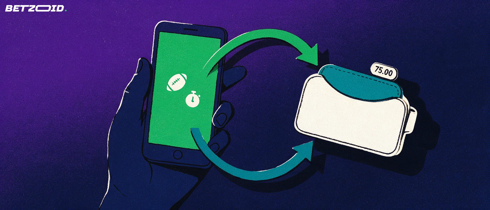 Illustration of a hand holding a phone with a football symbol, linked by two arrows to a wallet showing deposits and withdrawals.