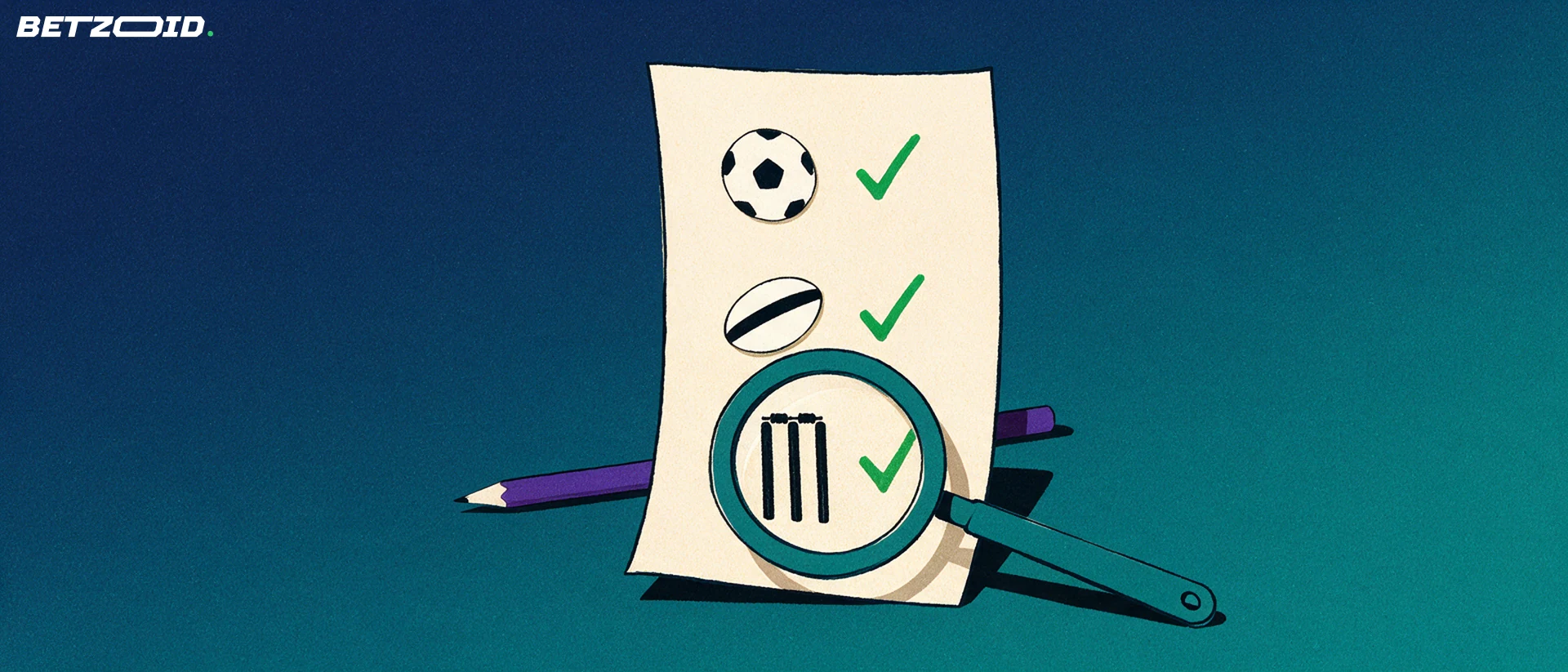 Illustration of an oversized betting slip with football, rugby and cricket symbols being examined through a large magnifying glass.