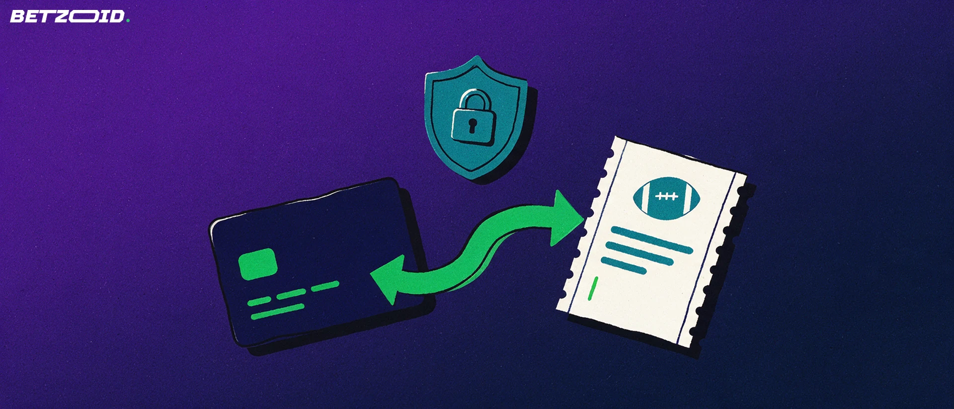 Illustration of a bank card and a betting ticket linked by a curved two-way arrow beneath a small padlock shield.