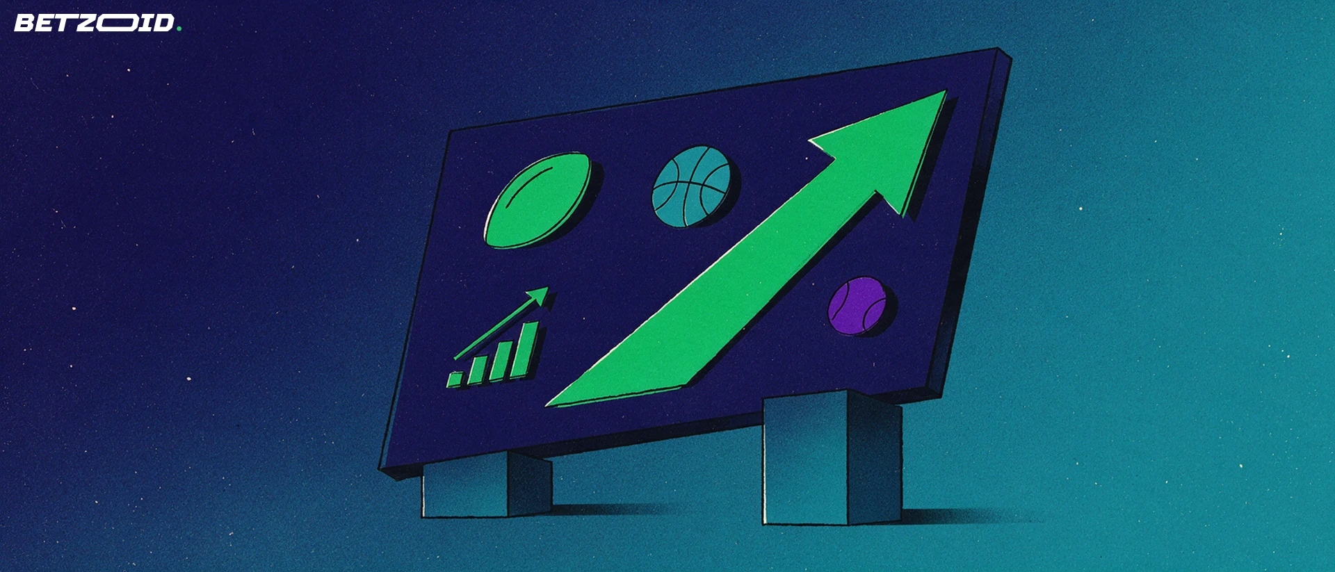 Illustration of a tilted odds board with football, basketball and tennis symbols and a rising green arrow.