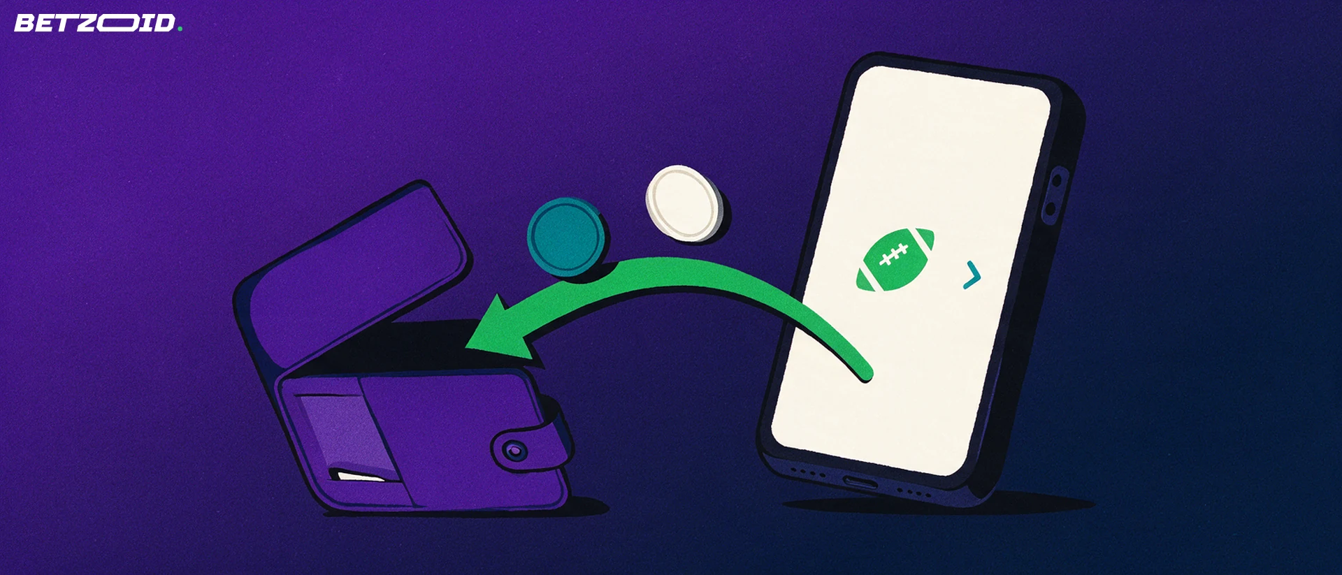 Illustration of a smartphone with a football icon and a green arrow carrying coins into an open wallet.