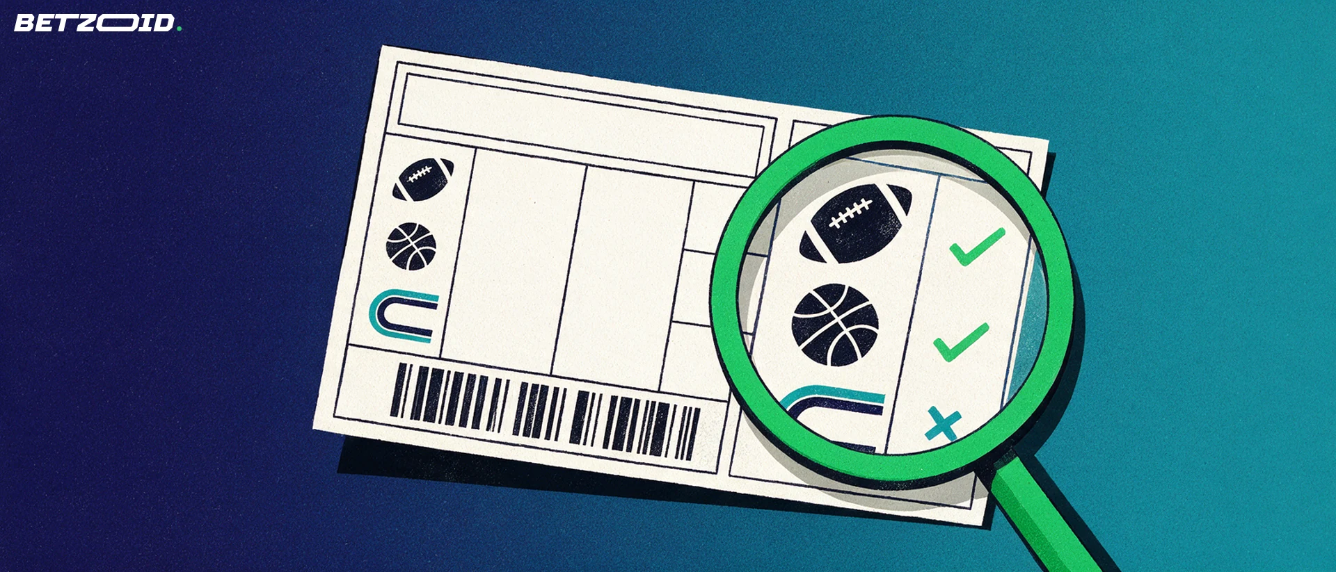Illustration of a magnifying glass inspecting a paper betting slip marked with football, basketball and athletics symbols and green checkmarks.
