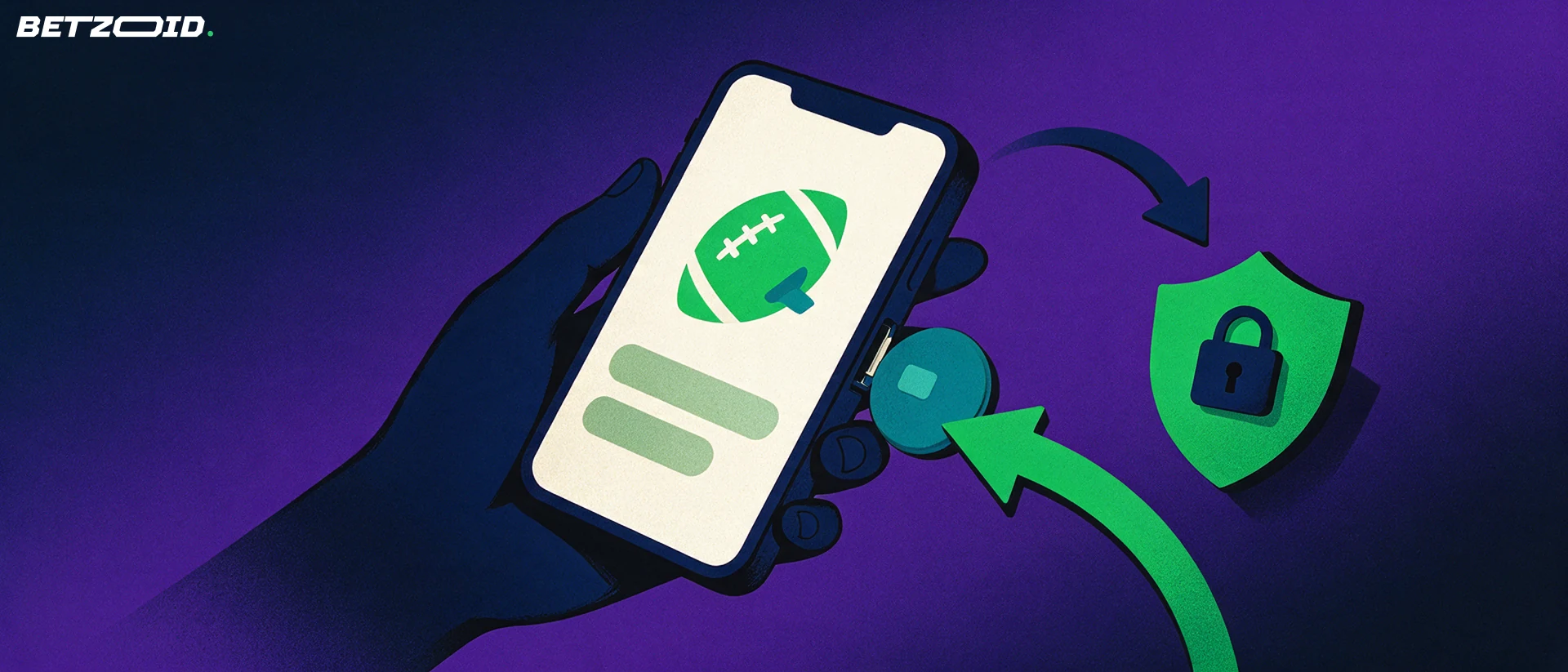 Illustration of a hand holding a smartphone with a football symbol on screen, a green arrow feeding in a payment card and a padlock shield beside it.