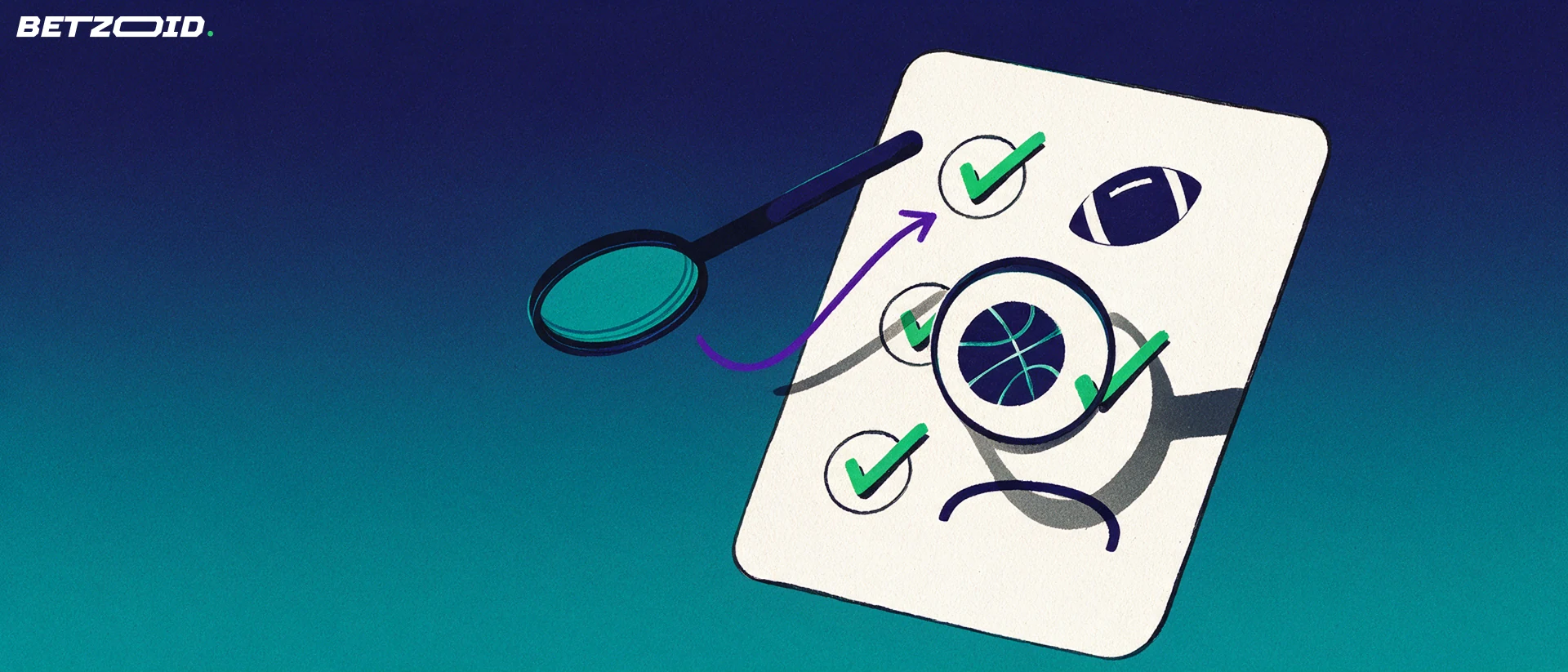 Illustration of a magnifying glass examining a betting slip marked with football and basketball symbols and green check marks.