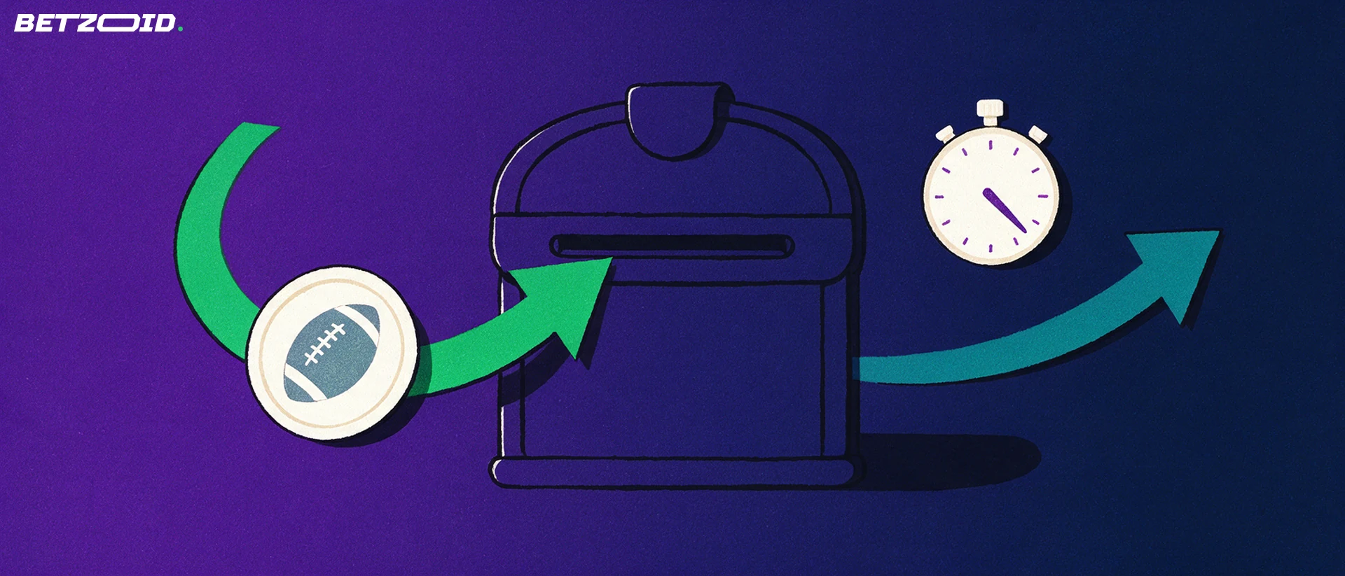 Illustration of a wallet-shaped vault with an arrow depositing a football token and another arrow flowing out, beside a stopwatch.