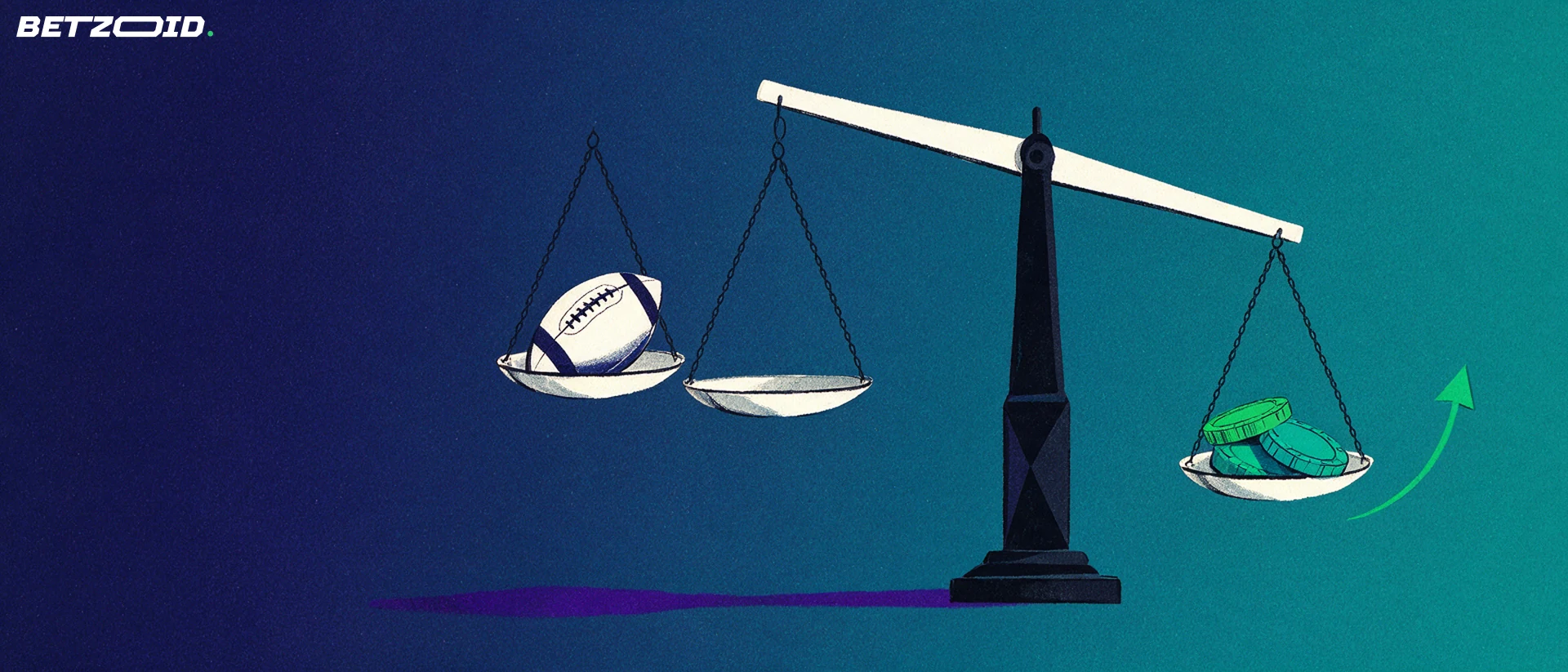 Illustration of a balance scale weighing a football against a stack of betting chips, with a small upward arrow.