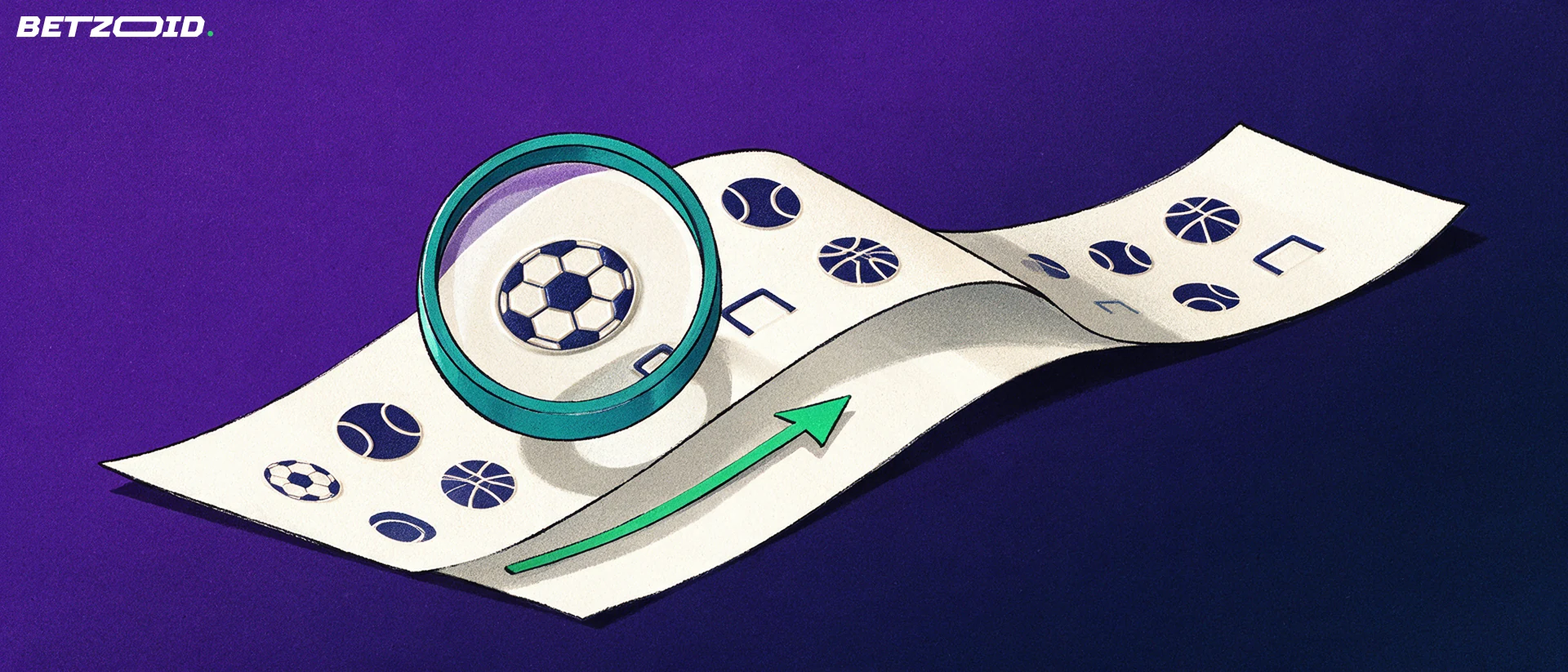 Illustration of a curved paper betting slip marked with sport symbols, examined through a large magnifying glass.