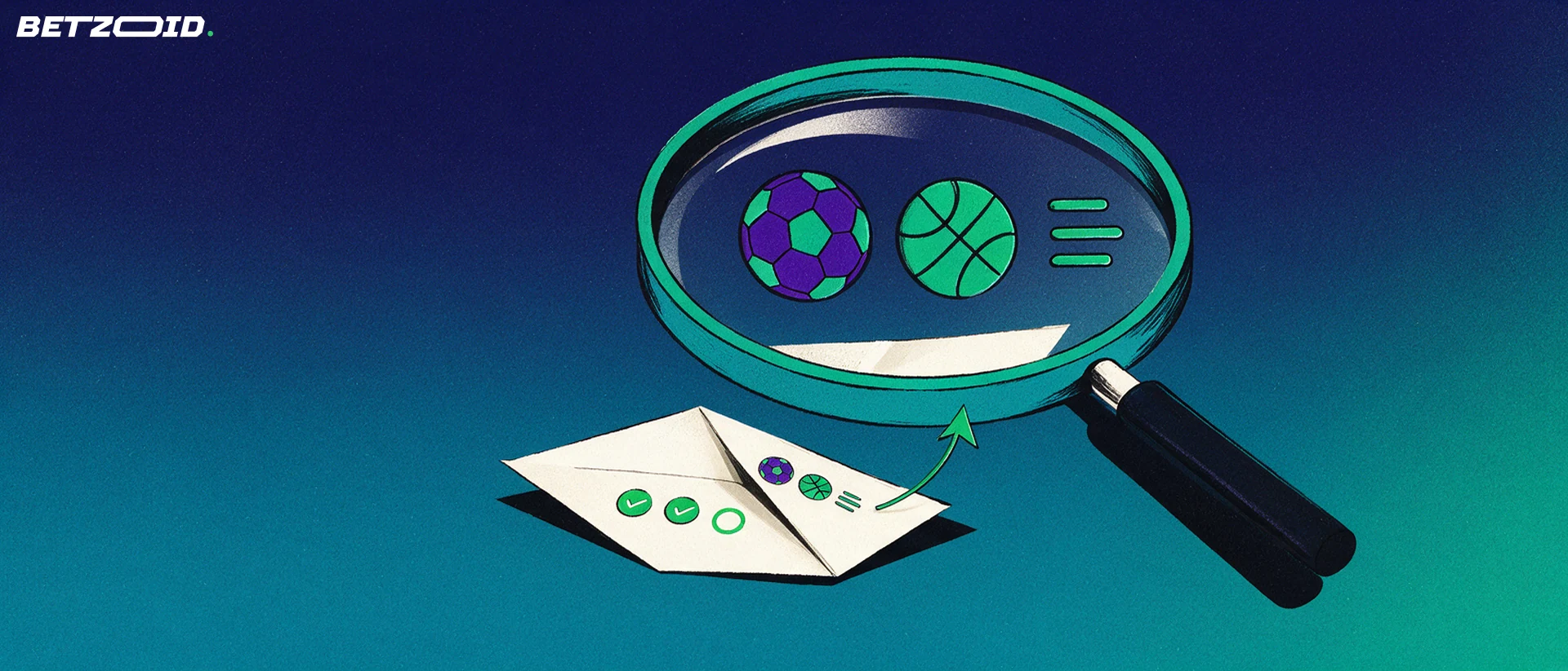 Illustration of a magnifying glass examining a paper betting coupon with football and basketball symbols and small checkmarks.