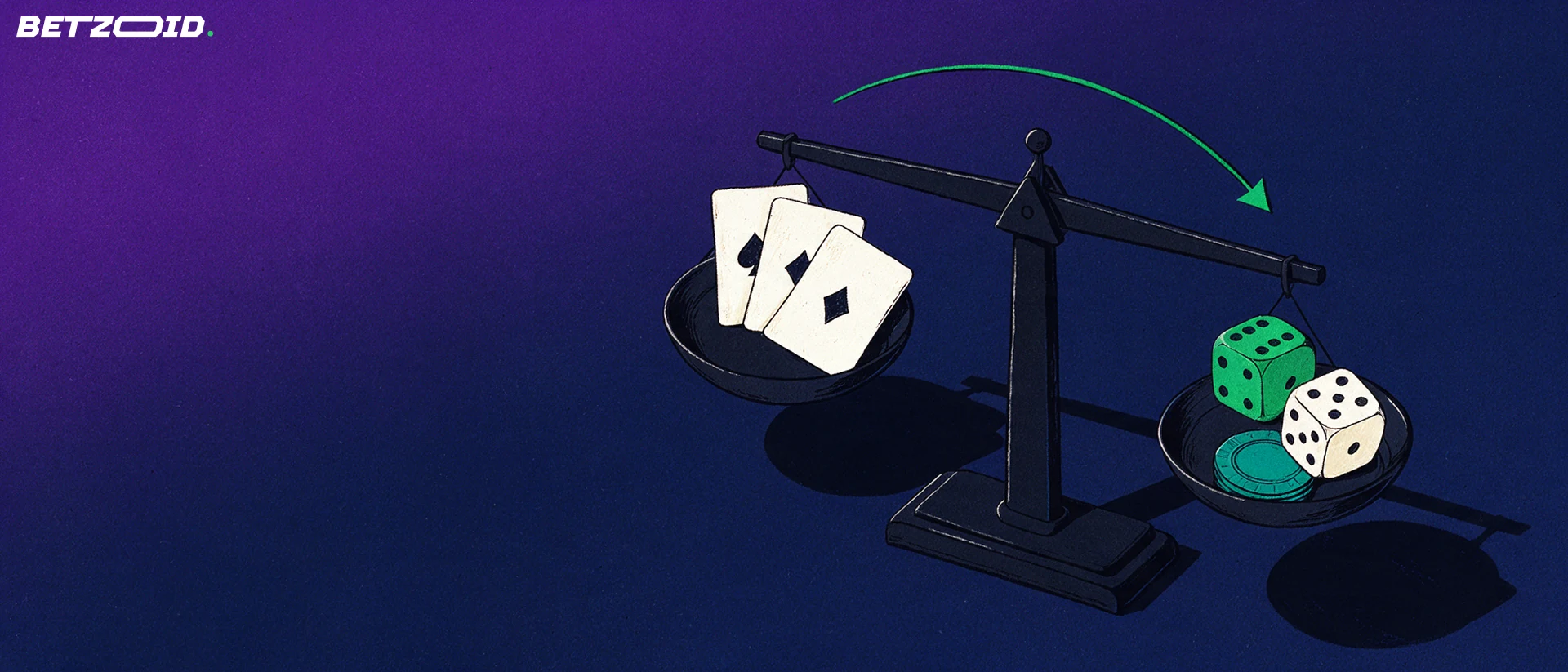 Illustration of a balance scale weighing fanned playing cards against dice and a casino chip.