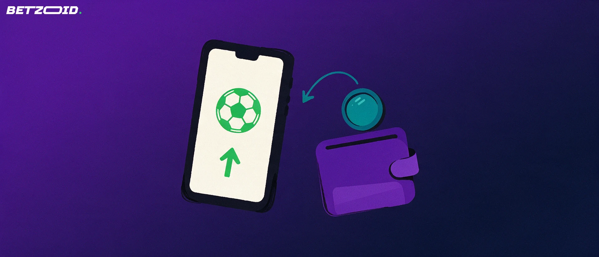 Illustration of a smartphone with a football symbol linked by a curved arrow to a wallet and a single coin.