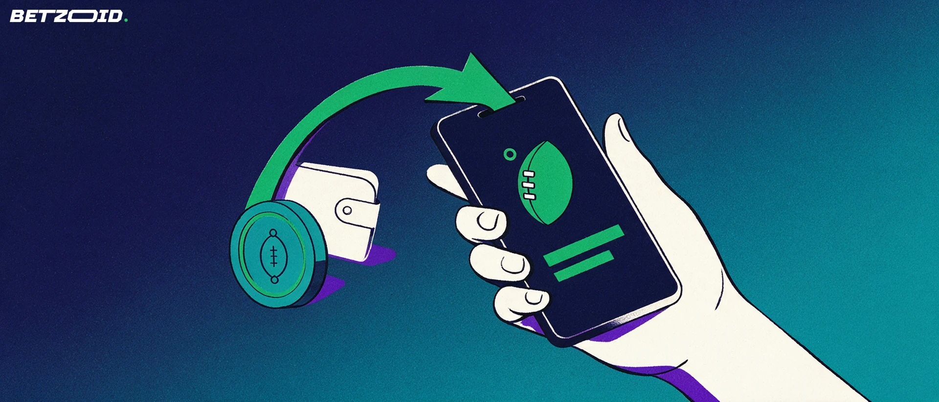 Illustration of a hand holding a phone with a football symbol while a coin travels along an arrow into a deposit slot.