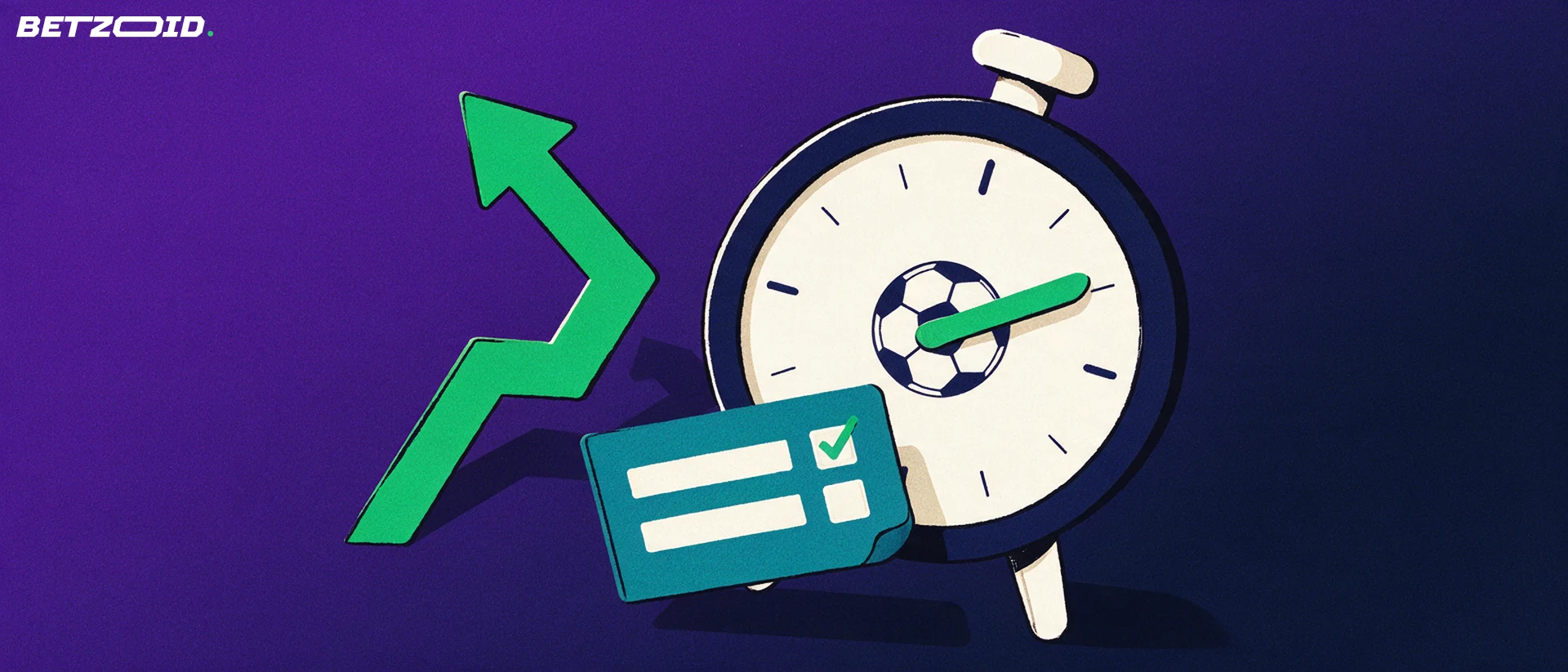 Illustration of a large stopwatch containing a football symbol beside a rising stepped arrow and a small betting slip.