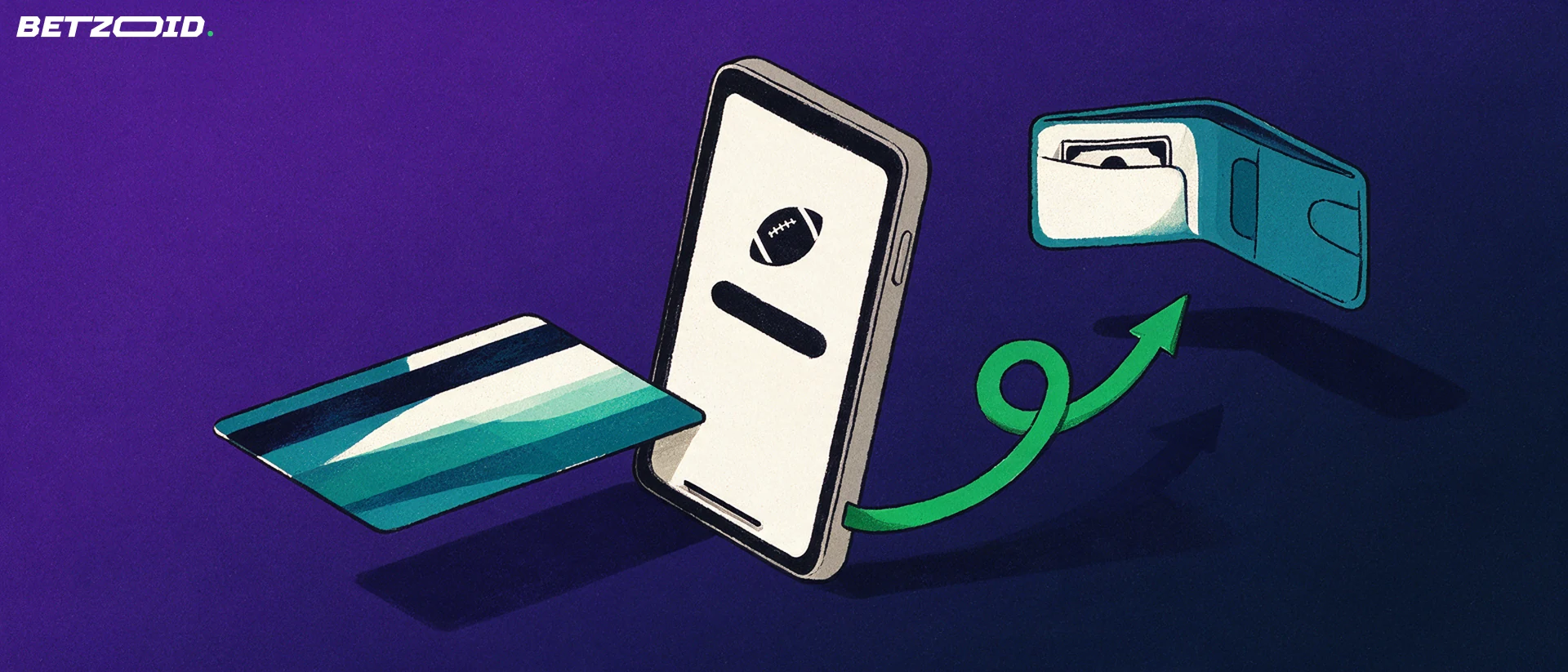 Illustration of a smartphone showing a football symbol, a bank card sliding into it and a green looping arrow leading to a wallet.