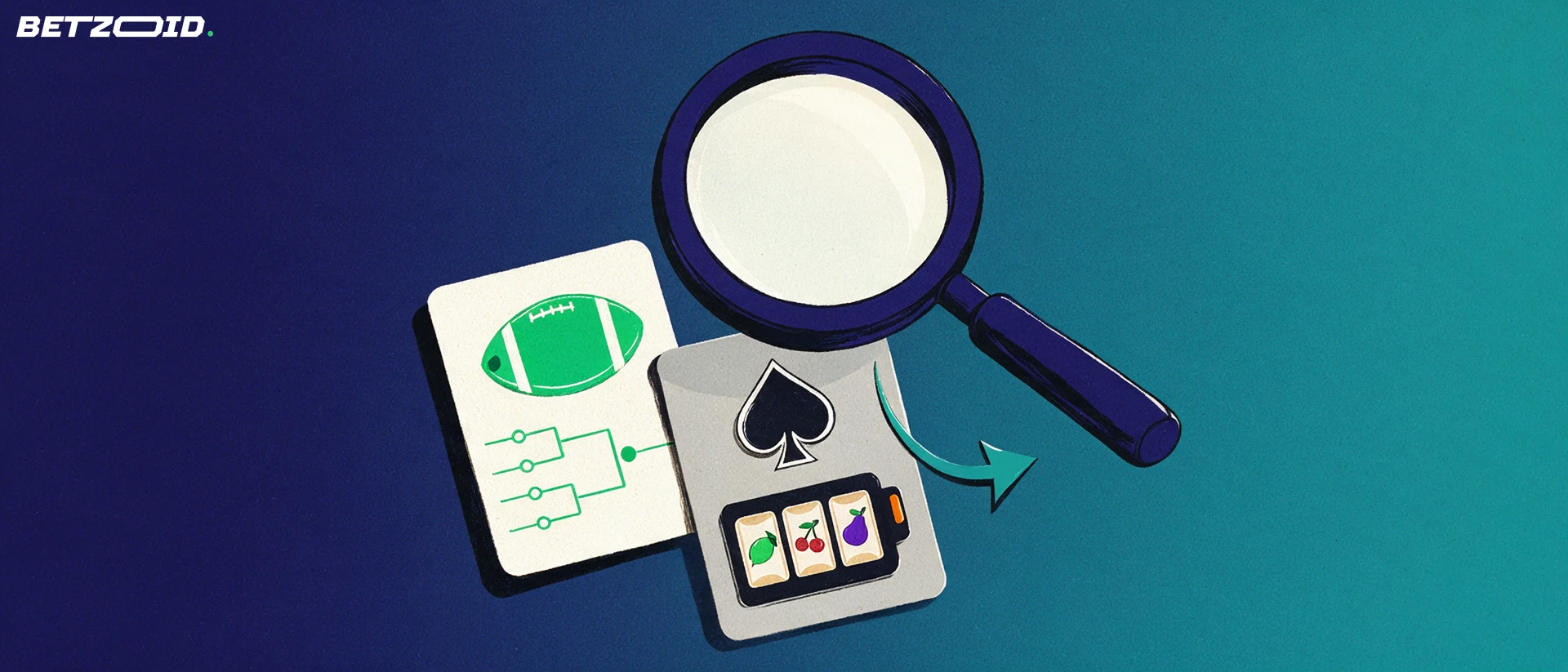 Illustration of a magnifying glass inspecting two cards, one with a football and fixture bracket, the other with card suit and slot reel symbols