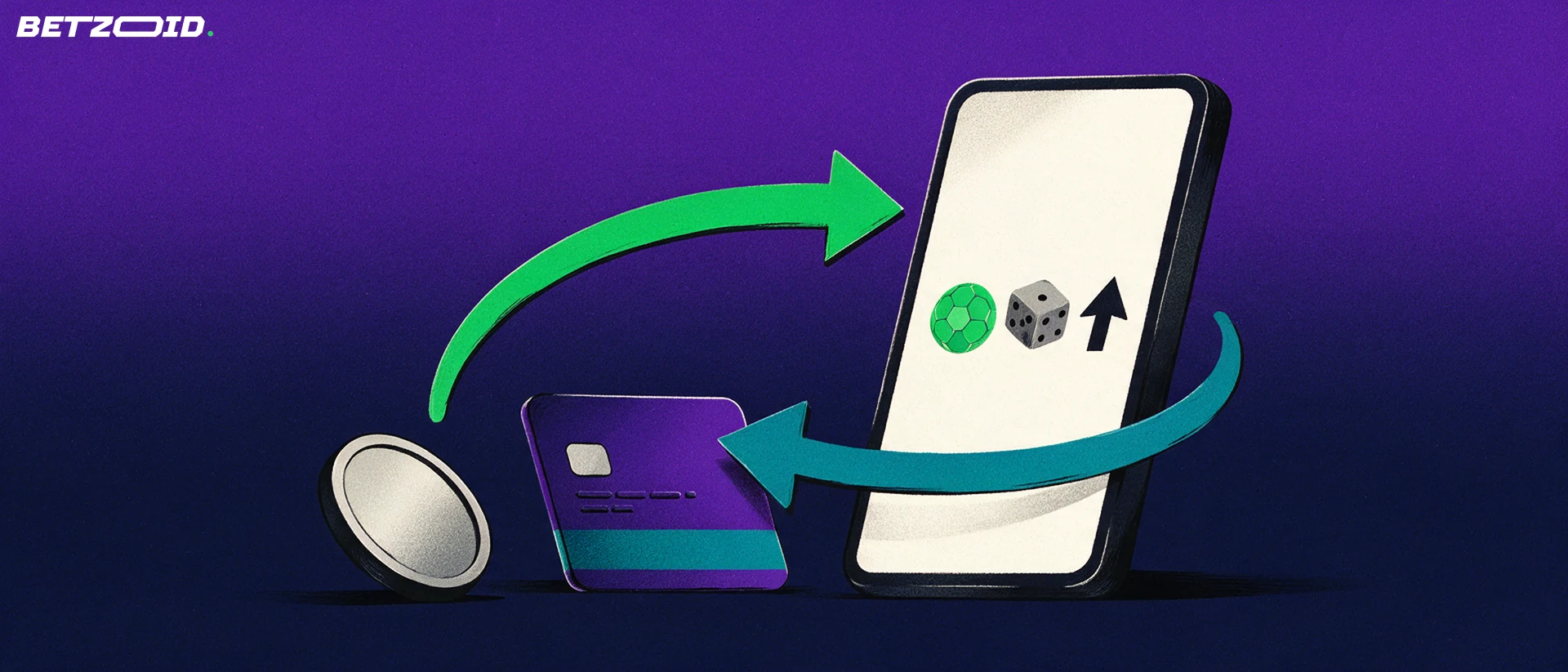 Illustration of a smartphone showing football and dice symbols connected by arrows to a payment card and token, suggesting deposits and withdrawals