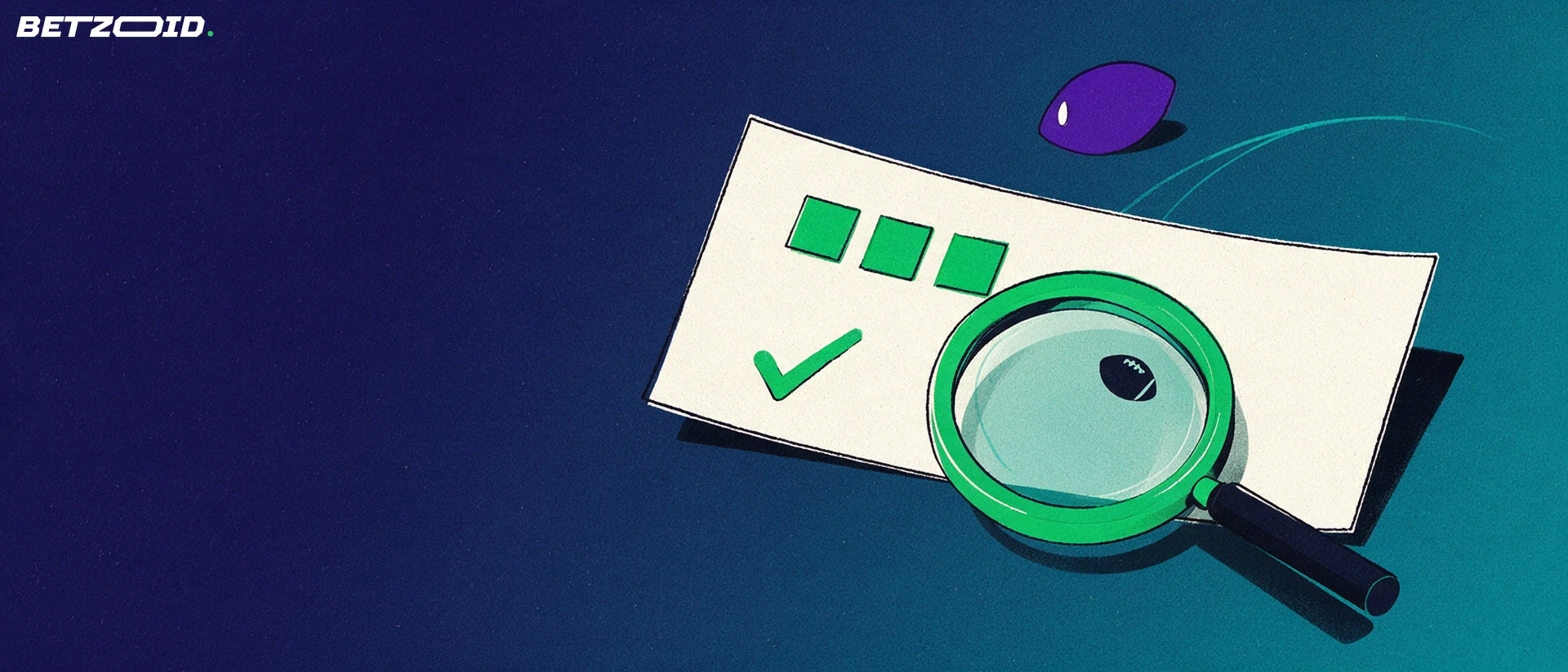 Illustration of a magnifying glass enlarging a football symbol on a paper betting slip marked with ticks