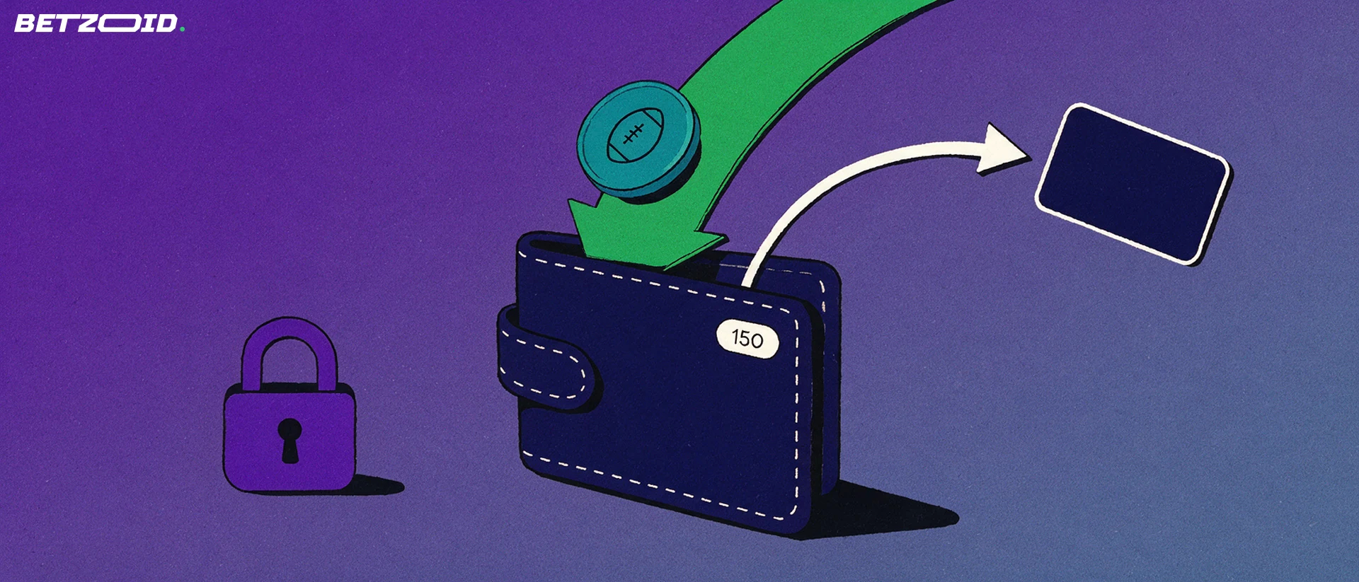 Illustration of a wallet with one arrow depositing a football token and another arrow withdrawing a plain card