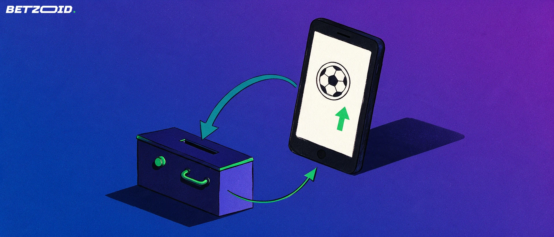 Illustration of a smartphone with sport symbols linked by curved arrows to a secure deposit box