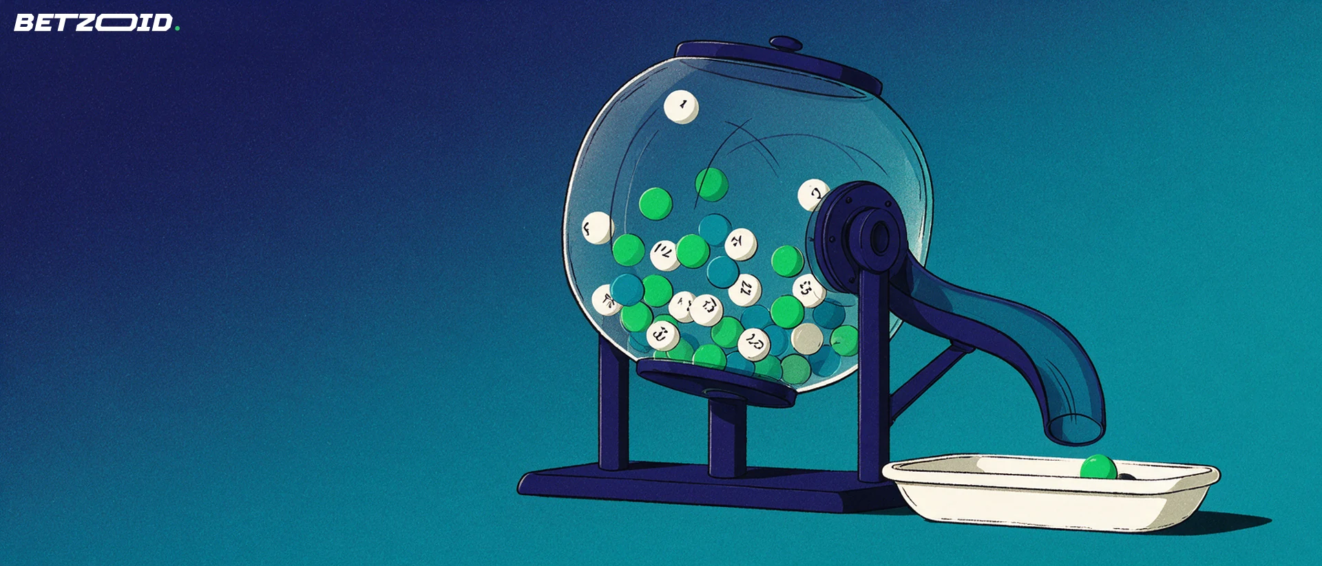 Illustration of a lottery draw drum with numbered balls tumbling inside and one ball rolling out into a tray.