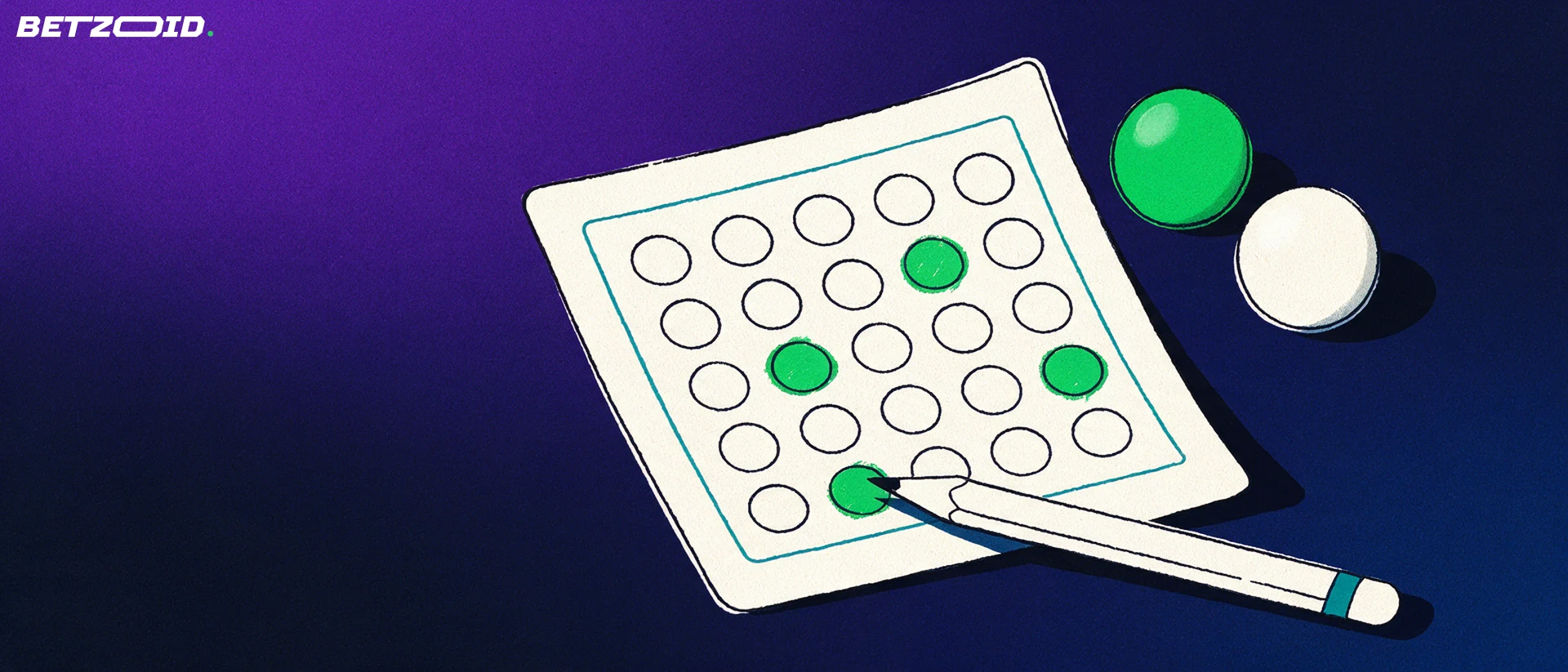 Illustration of a paper lottery play slip with a grid of circles, several marked in green, a pencil and two lottery balls.