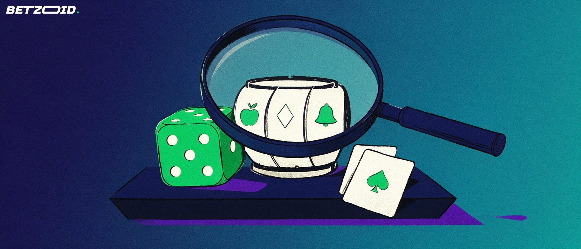 Illustration of a large magnifying glass examining a die, a slot reel and two plain playing cards on a plinth.