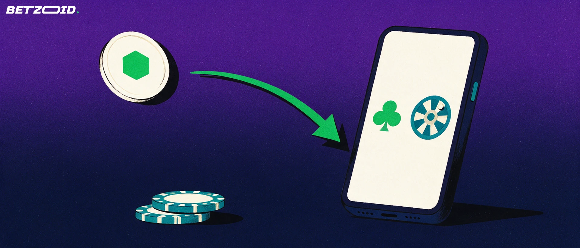 Illustration of a plain digital coin travelling along an arrow into a smartphone showing simple casino symbols beside two chips.