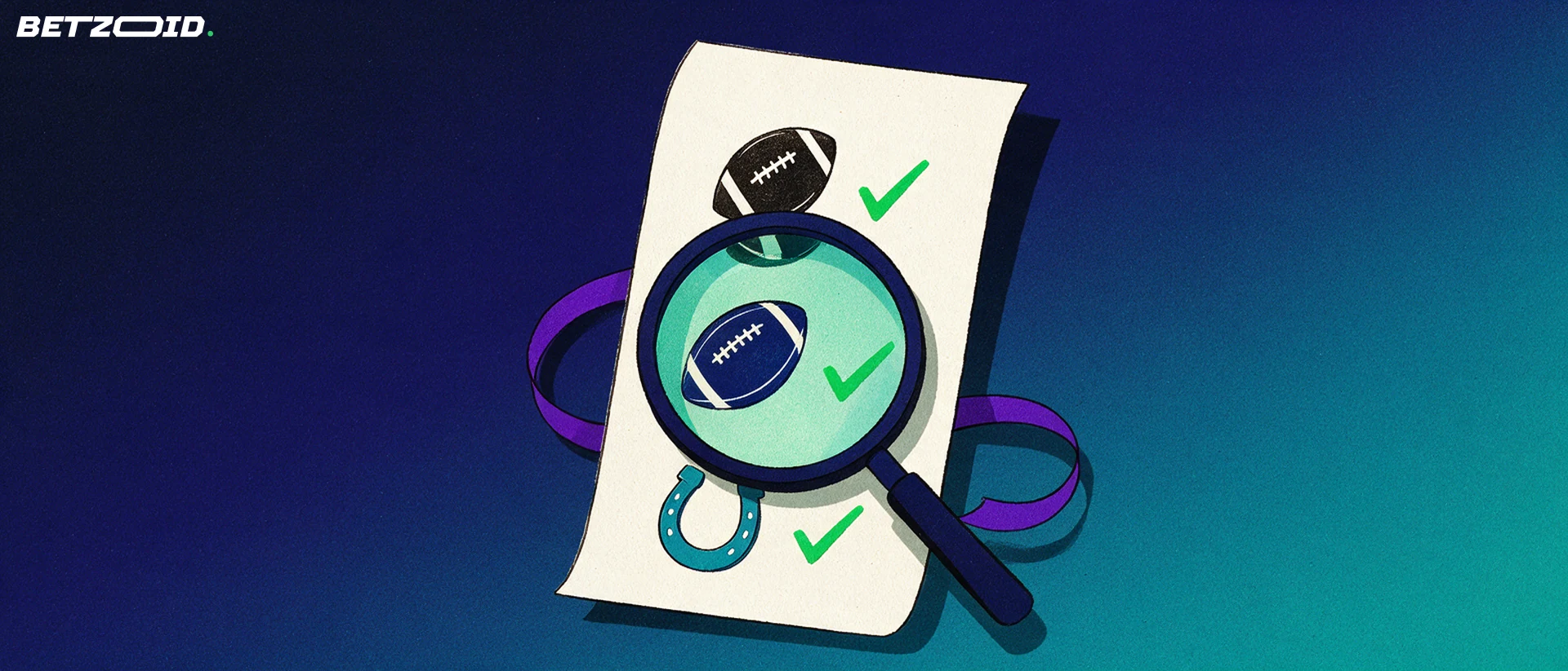 Illustration of a large betting slip with football, rugby and horseshoe symbols examined through a magnifying glass