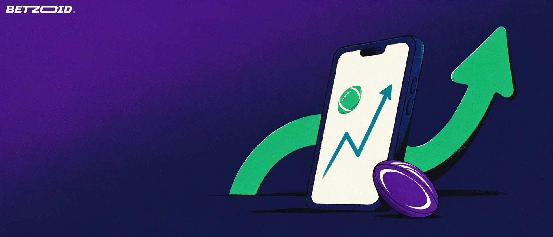 Illustration of a smartphone showing a football and rising arrow symbol, with a rugby ball and a large upward curve