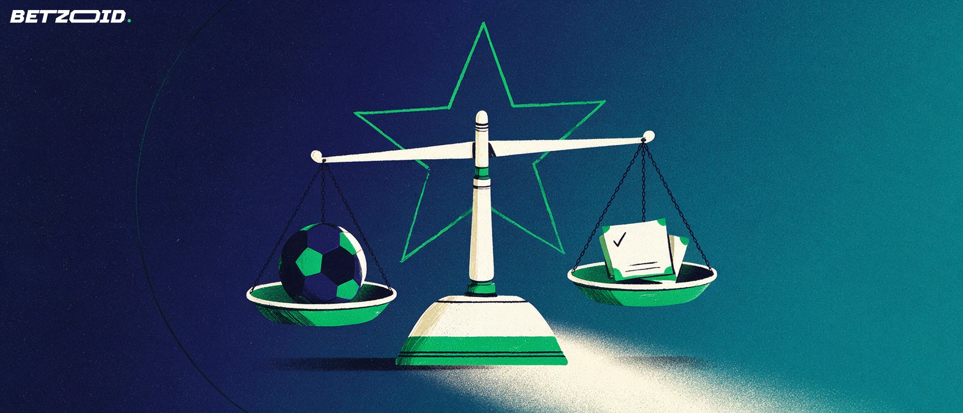 Illustration of a balance scale weighing a football against a stack of betting slips beside a large outlined star.