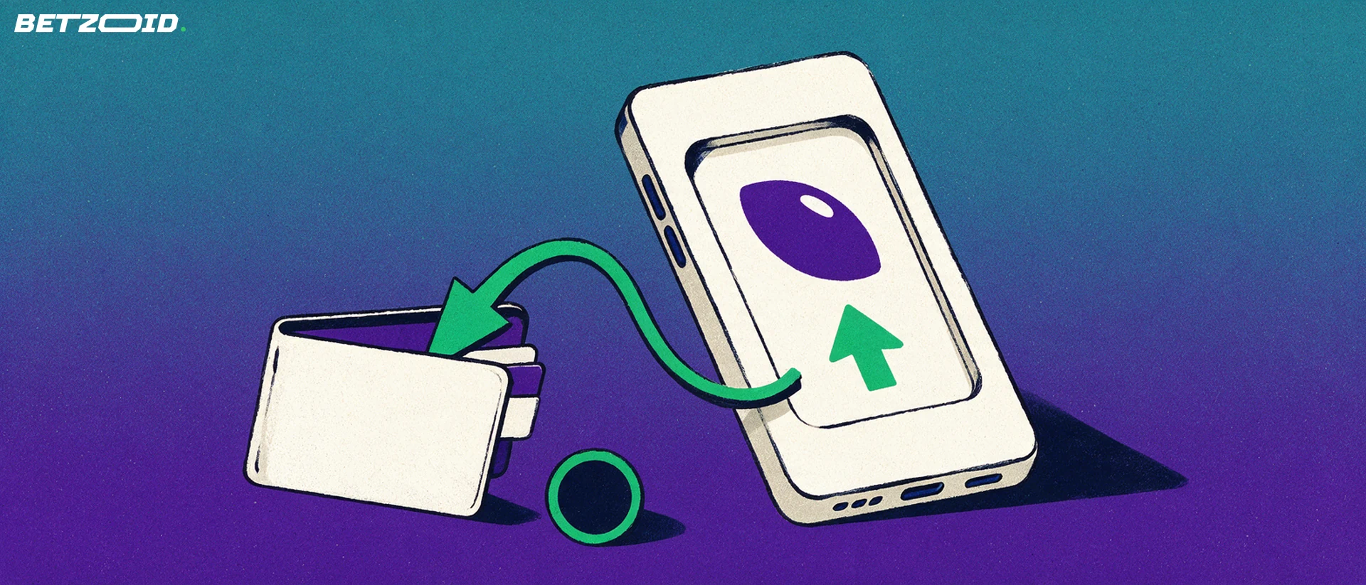 Illustration of a tilted smartphone showing a football and arrow glyph, with a green arrow curving into an open wallet.