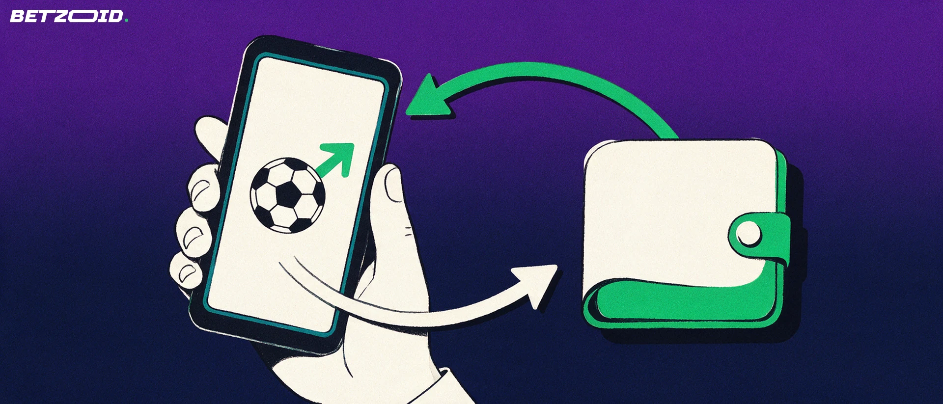 Illustration of hands holding a phone with a football symbol, linked by arrows to a wallet showing deposits and withdrawals