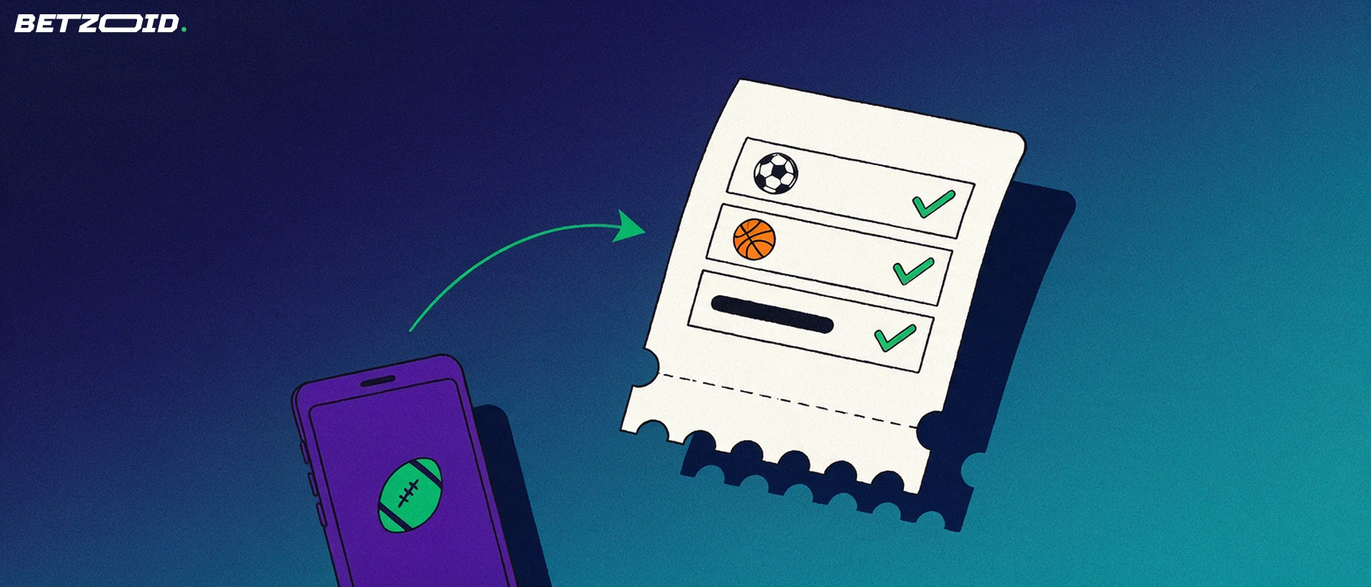 Illustration of a large paper betting slip with football and basketball symbols and green ticks, beside a simple phone showing a football icon.
