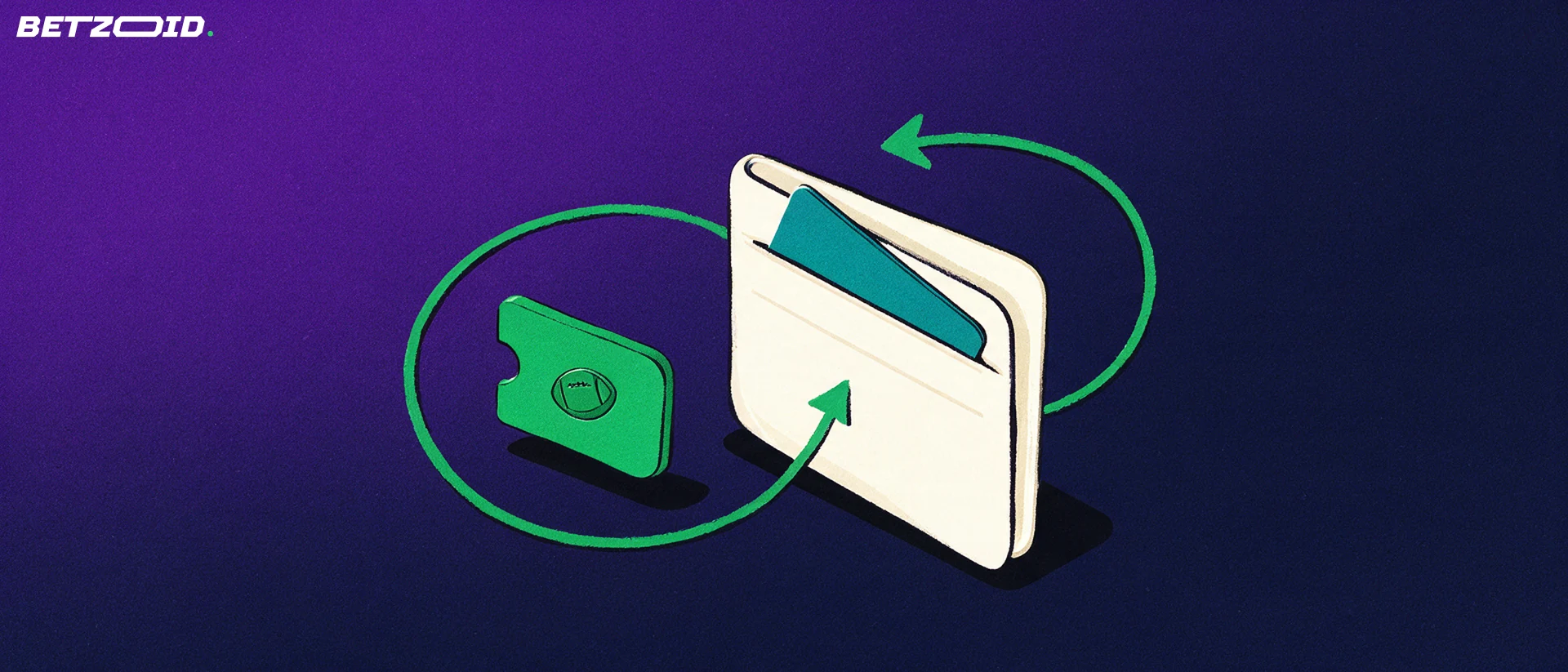 Illustration of a wallet with a card and a ticket stub marked with a football, linked by a circular green arrow showing deposit and withdrawal flow.