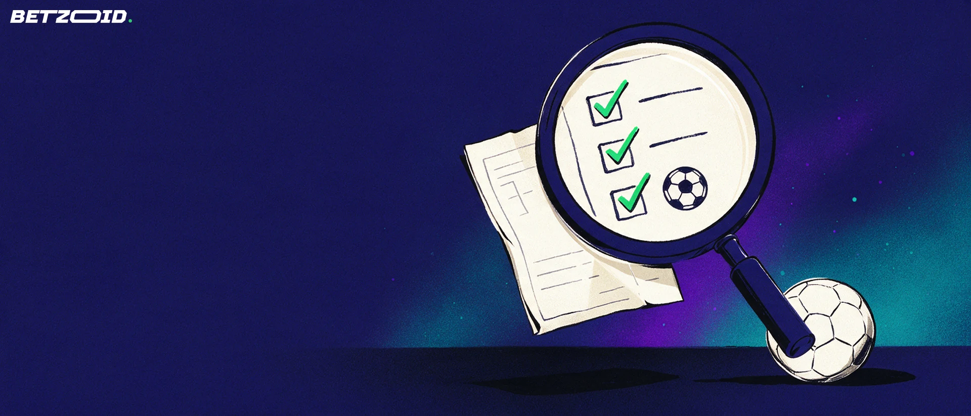 Illustration of a magnifying glass enlarging check marks and a football symbol on a paper betting slip beside a football.