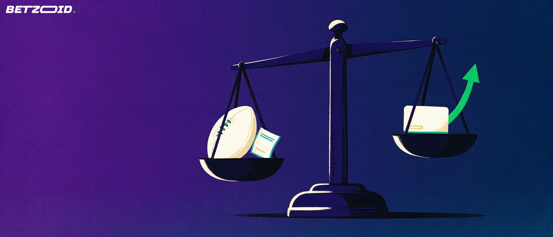Illustration of a balance scale weighing a football and betting ticket on one pan against a plain payment card with an upward arrow on the other.