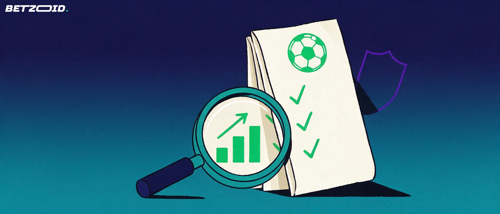 Illustration of a magnifying glass inspecting a paper betting slip with a football symbol and rising odds bars.