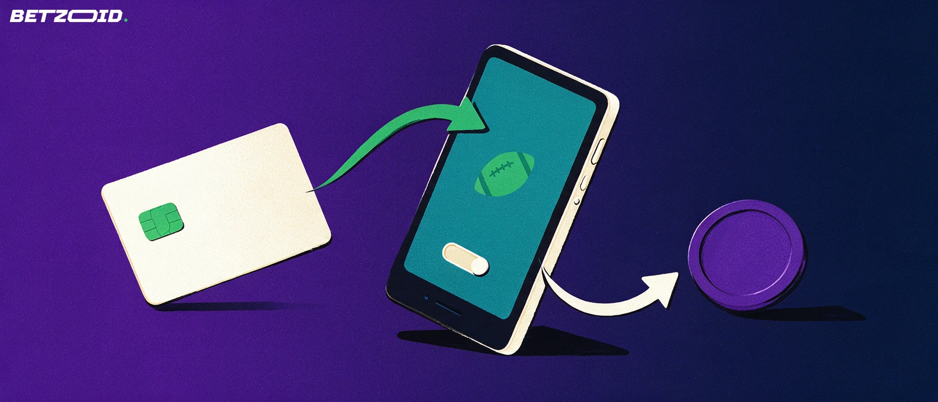 Illustration of a smartphone with a football icon between a bank card and a coin, linked by curved deposit and withdrawal arrows.