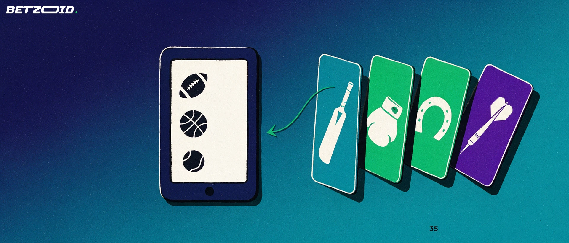 Illustration of an upright handheld device showing football, basketball and tennis symbols, with a fan of panels carrying other sport icons curving into it