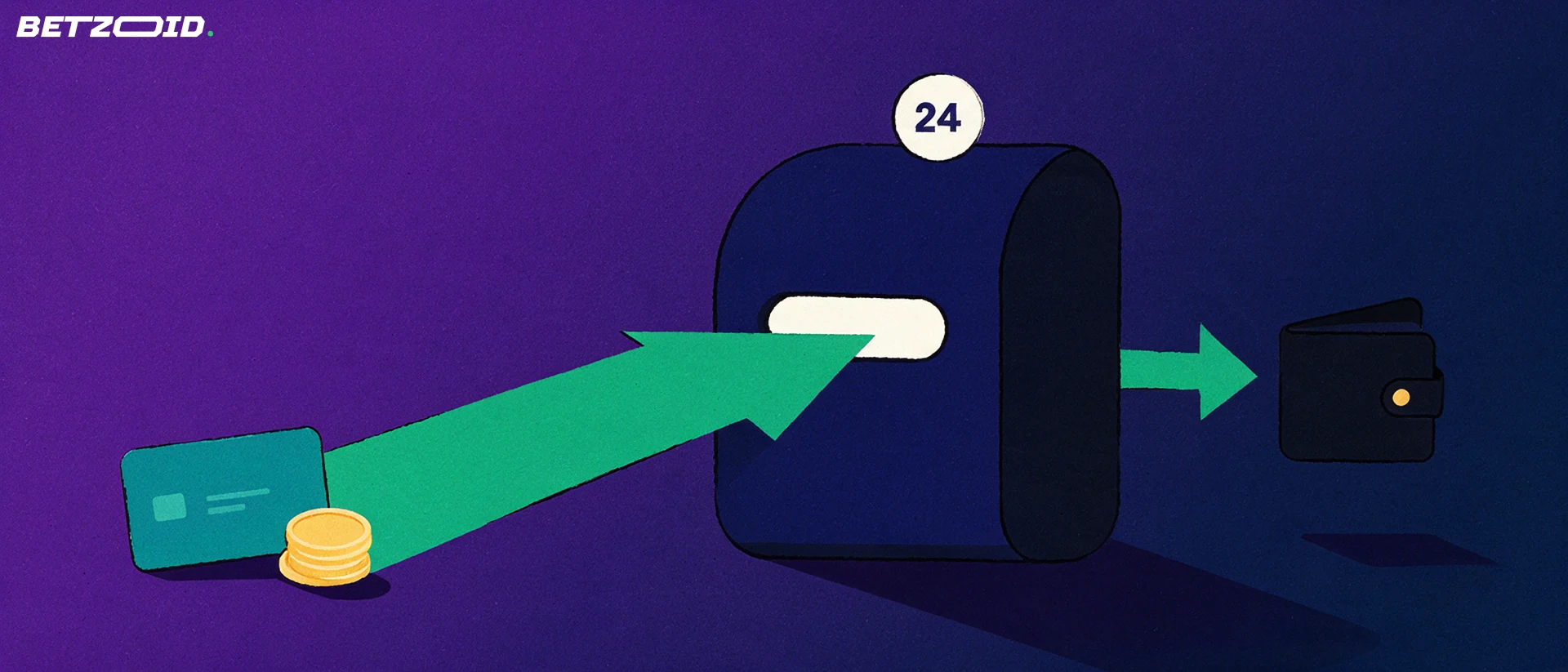 Illustration of a payout terminal with a card and coin feeding an arrow-shaped channel into a wallet, marked with a round badge reading 24