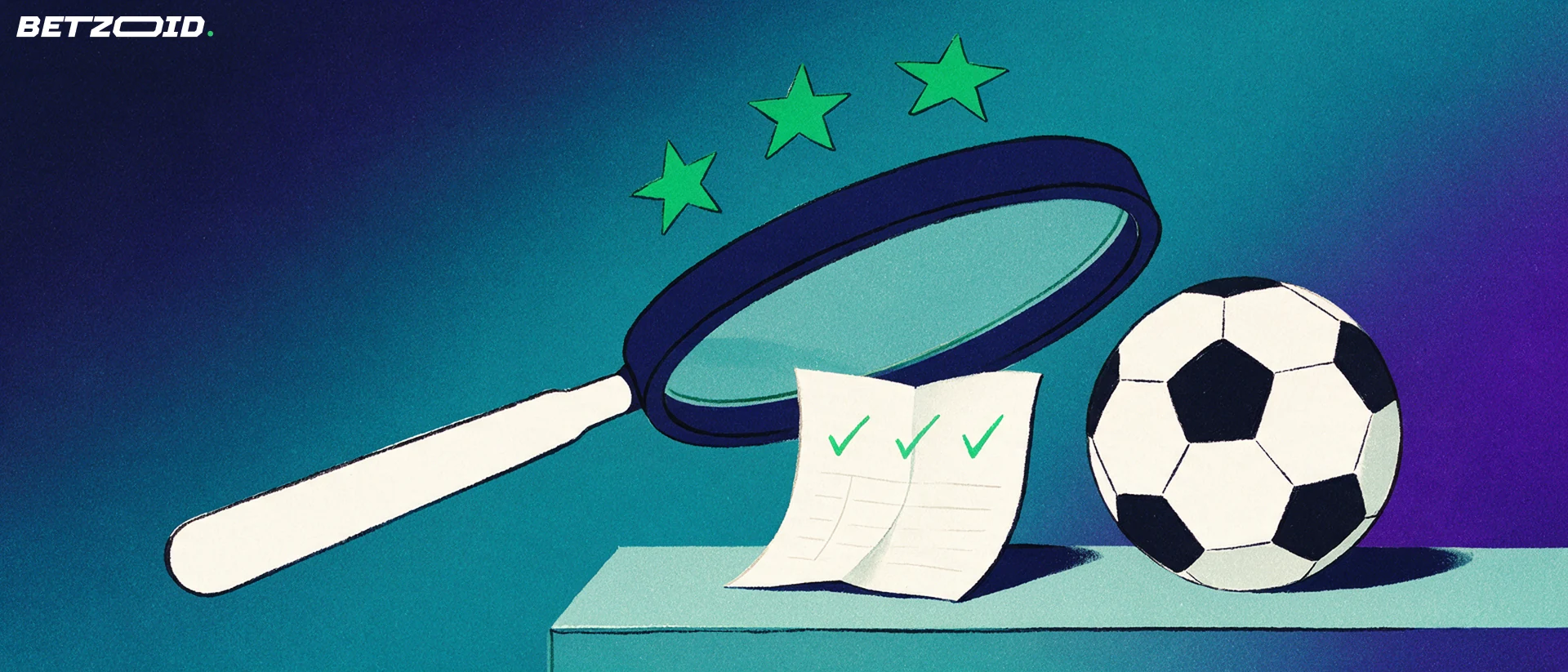 Illustration of a magnifying glass examining a paper betting slip with tick marks and a football, with three stars above