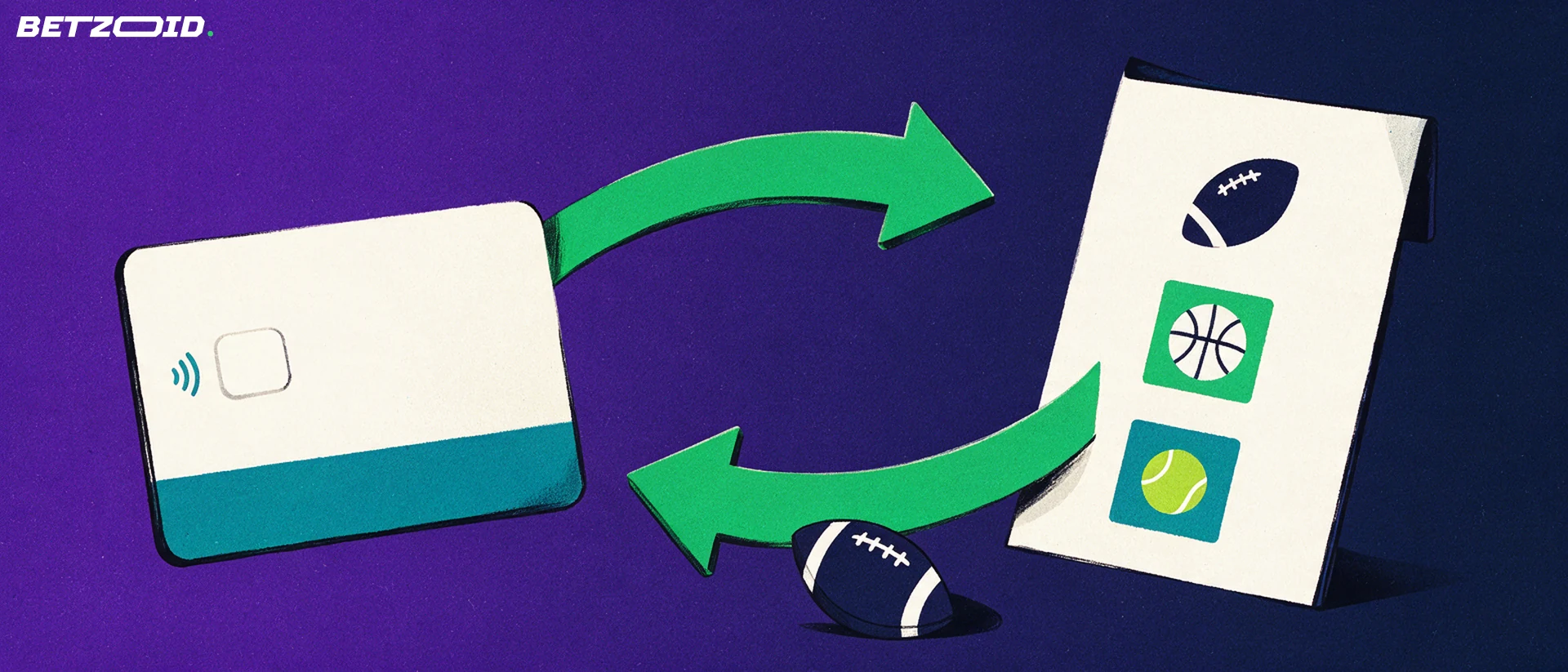 Illustration of a payment card and a betting slip with sport symbols joined by two curved arrows forming a loop