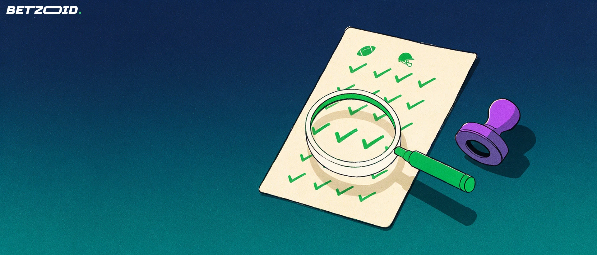Illustration of a magnifying glass inspecting a paper betting slip marked with check marks, a football symbol and a jockey helmet.