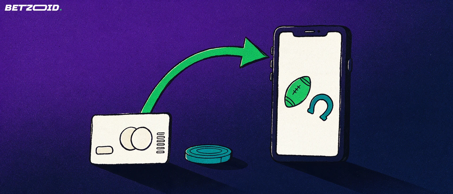 Illustration of a smartphone showing football and horseshoe symbols with a green arrow curving from a bank card into the phone.