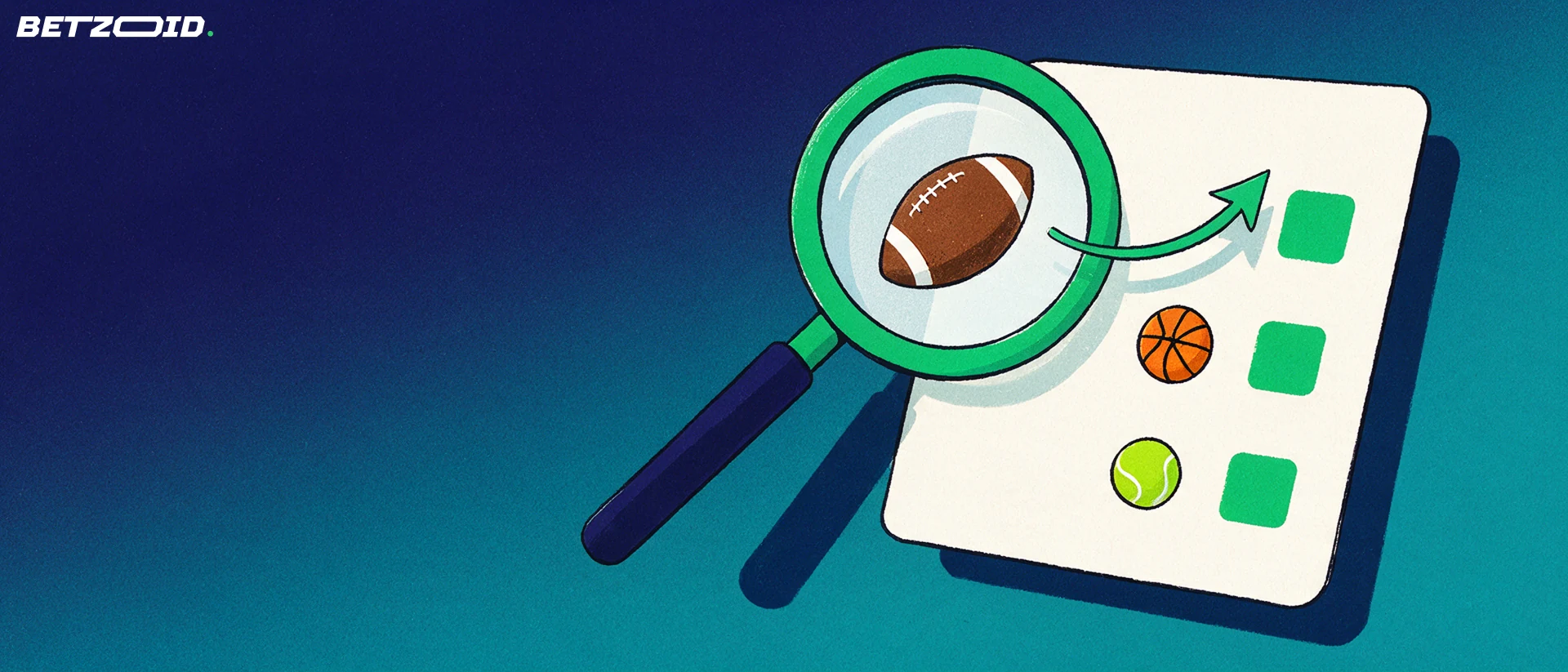 Illustration of a magnifying glass examining a betting board with football, basketball and tennis symbols