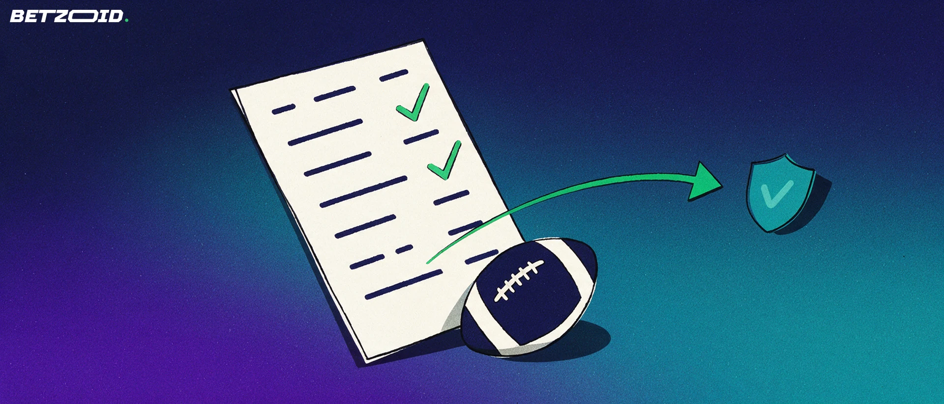 Illustration of a large betting slip with checkmarks, a football and an arrow pointing to a shield symbol.