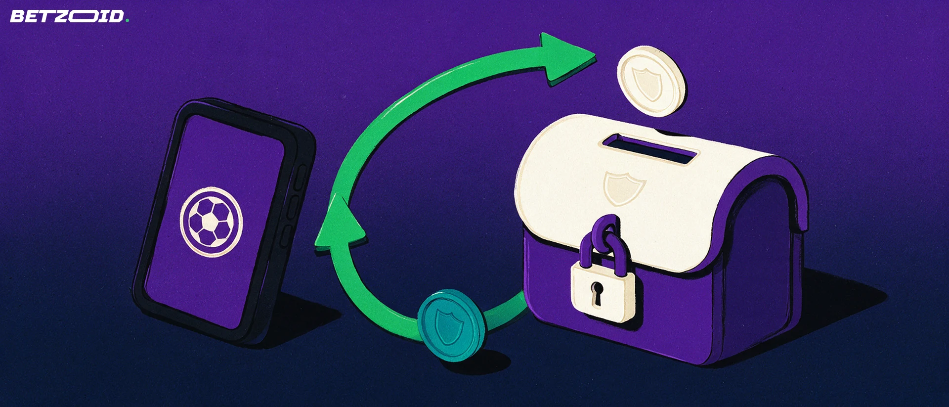 Illustration of a wallet safe and a phone showing a football icon connected by a two-way arrow with coins.