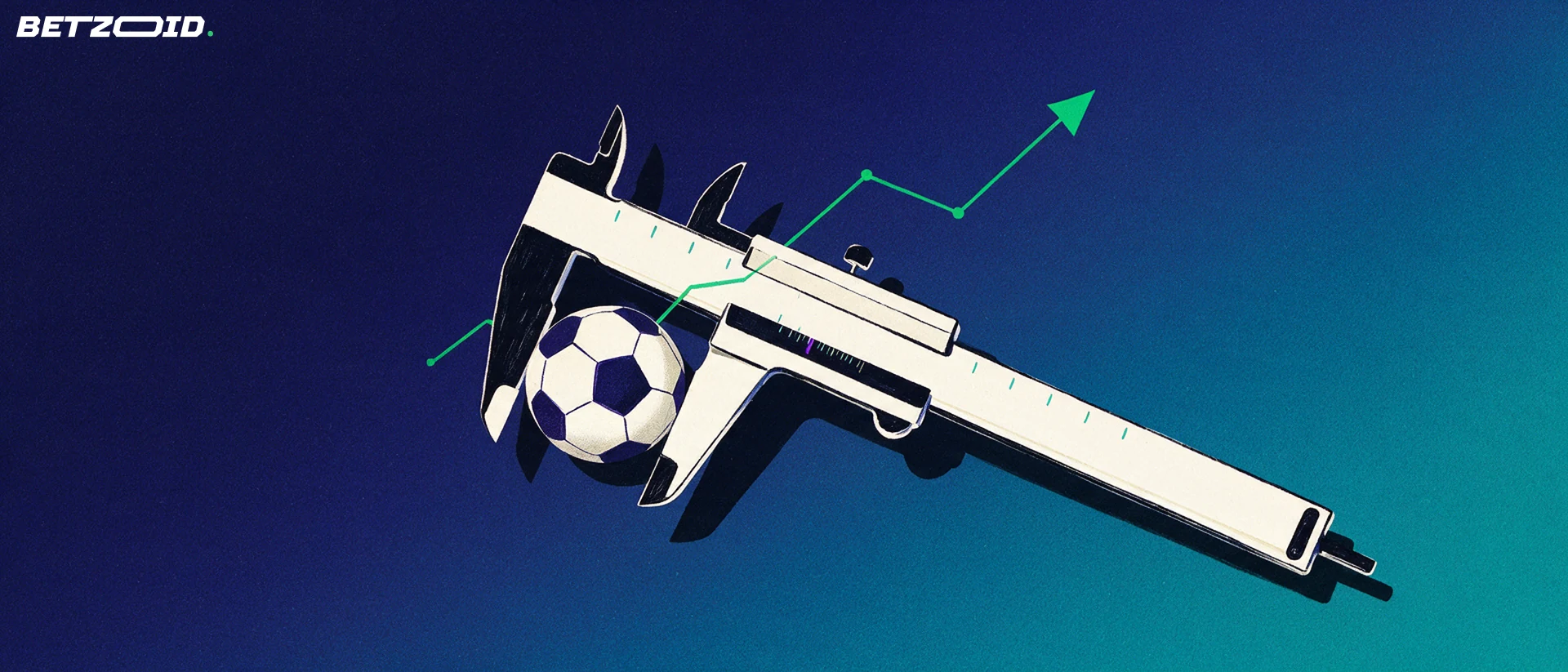 Illustration of a large measuring caliper gauging a stylised football, with a rising green line and arrow behind it.