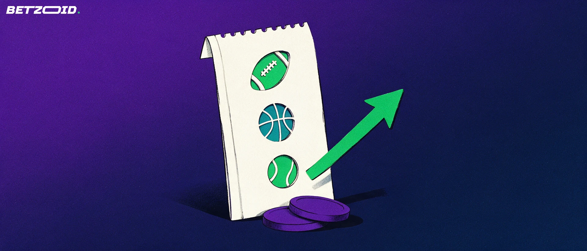 Illustration of an upright paper betting slip with football, basketball and tennis symbols, a rising green arrow and two flat stake discs.