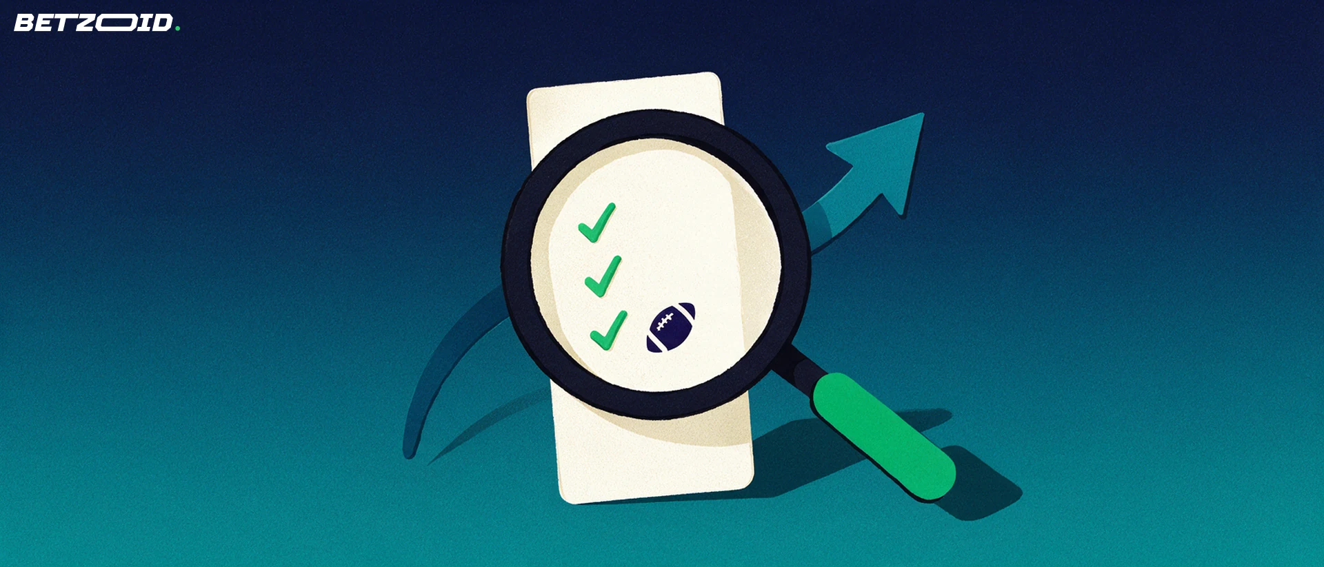 Illustration of a large magnifying glass enlarging a betting slip marked with tick marks and a small football symbol.